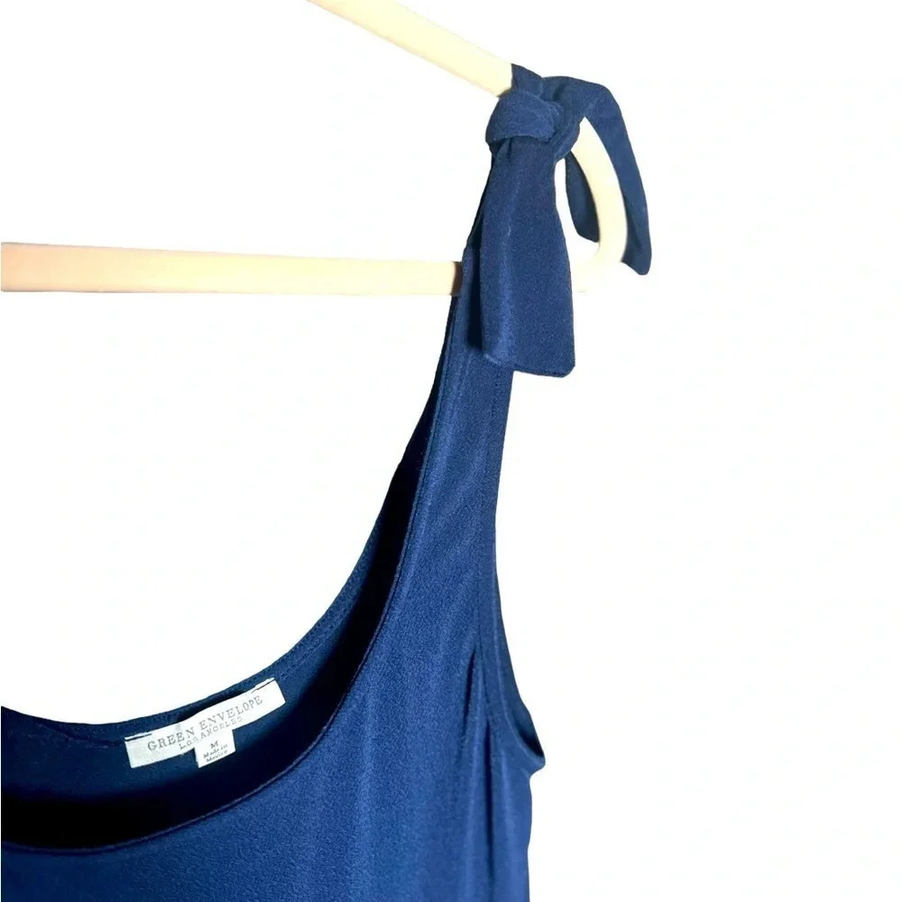 Green envelope shoulder tie bow sleeveless blue tiered drop dress size medium - Picture 8 of 9